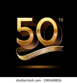 50th Anniversary celebration logotype colored with shiny gold, using ribbon and isolated on black background
