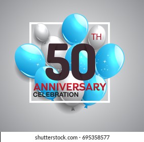 50th anniversary celebration logotype. anniversary logo with balloon in white rectangle.  Vector design for celebration, birthday, party, festival, invitation card, and greeting card