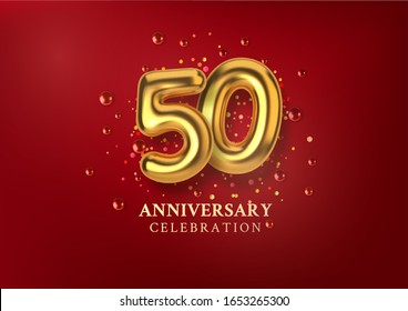 50th Anniversary celebration. Number in the form of golden balloons. Realistic 3d gold numbers and sparkling confetti, glitters. Horizontal template for Birthday or wedding event. Vector illustration