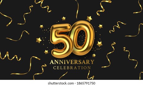 50th Anniversary celebration. Number in the form of golden balloons. Realistic 3d gold numbers and sparkling confetti, serpentine. Horizontal template for Birthday or wedding event. Vector