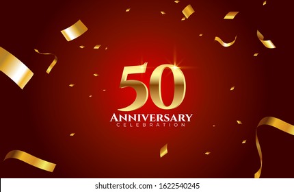 50th Anniversary celebration Vector background by using two colors in the design between gold and red, Golden number 50 with sparkling confetti Realistic 3d sign. Birthday or wedding party