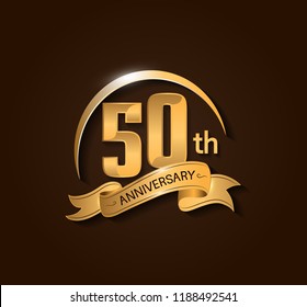 50th Anniversary design logotype. Anniversary logo design with swoosh and elegance golden ribbon. Vector template for use celebration, invitation card, and greeting card