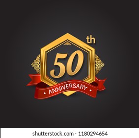 50th anniversary design logotype style with golden hexagon, ornament and red ribbon for use in celebration event. svg