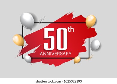 50th anniversary design with red brush, balloons, and square isolated on white background for celebration