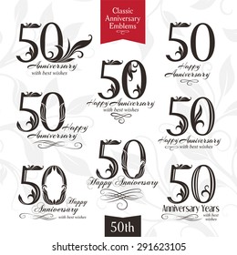 50th anniversary emblems. Celebration logos in classic style. Template design elements of wedding, birthday and jubilee.