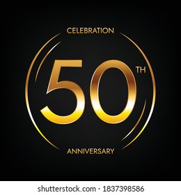 50th anniversary. Fifty years birthday celebration banner in bright golden color. Circular logo with elegant number design.
