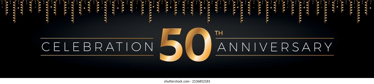 50th Anniversary. Fifty Years Birthday Celebration Horizontal Banner With Bright Golden Color.