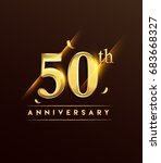 50th anniversary glowing logotype with confetti golden colored isolated on dark background, vector design for greeting card and invitation card.