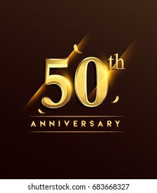 50th anniversary glowing logotype with confetti golden colored isolated on dark background, vector design for greeting card and invitation card.