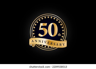 50th anniversary golden gold logo with gold ring and ribbon isolated on black background, vector design for celebration.