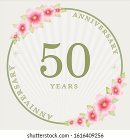 50th anniversary. Greeting card with a number in the flower circle. Vector illustration 