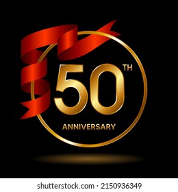 50th Anniversary logo. Anniversary celebration template design with golden ribbon for booklet, leaflet, magazine, brochure poster, banner, web, invitation or greeting card. Vector illustrations.