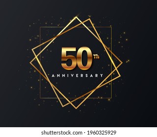 50th anniversary logo with confetti and golden frame isolated on black background, vector design for greeting card and invitation card.