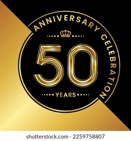 50th Anniversary. logo design with golden numbers and text for birthday celebration event, invitation, wedding, greeting card, banner, poster, flyer, brochure. Logo Vector Template