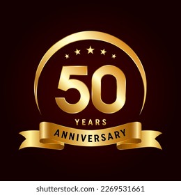 50th Anniversary logo design with golden ribbon. Logo Vector Template Illustration