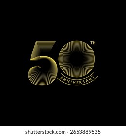 50th Anniversary Logo Design with Golden Spiral Lines in modern minimal concept. 50th anniversary template, icon, stamp, label. Company or person Birthday celebration greeting card sign and symbol.
