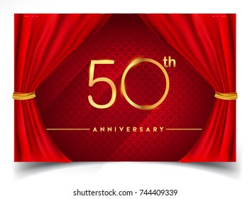 50th Anniversary Logo with Glowing Golden Colors Isolated on Realistic Red Curtain, Vector Design for Greeting Card, Poster and Invitation Card