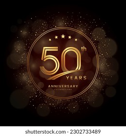 Logo de 50 años con estilo de doble línea dorada decorado con brillo y confit Vector EPS 10