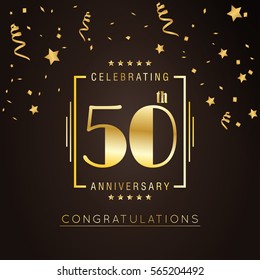 50th anniversary logo with golden rectangle vector template for birthday celebration.