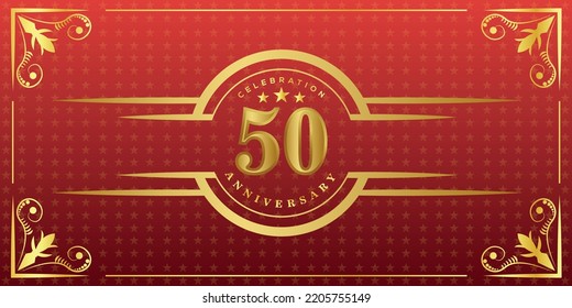 50th Anniversary Logo With Golden Ring, Confetti And Gold Border Isolated On Elegant Red Background, Sparkle, Vector Design For Greeting Card And Invitation Card
