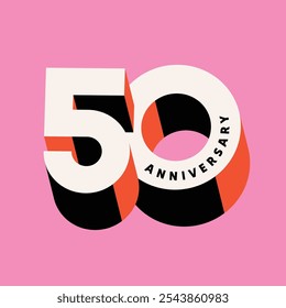 50th anniversary logo with modern 3d text effect isolated on pink background. 50 years wedding anniversary greeting card, poster, banner, template design. Half century jubilee birthday age tag.