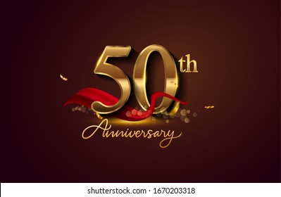 50th anniversary logo with red ribbon and golden confetti isolated on elegant background, sparkle, vector design for greeting card and invitation card. svg