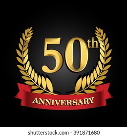 50th anniversary logo with red ribbon and golden laurel wreath, vector template for birthday celebration.