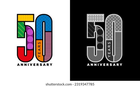 conjunto de logotipos para los 50 años, signo del cincuentenario, logo colorido para el evento festivo, invitación, felicitaciones, plantilla web, volante y folleto, símbolo retro, logotipo de color