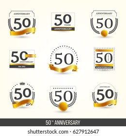 50th anniversary logo set with golden elements. Vector illustration.