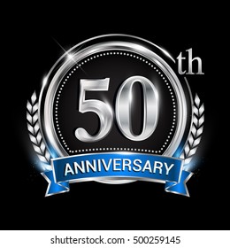 50th anniversary logo with silver ring combination blue ribbon. Vector template for birthday celebration, party, wedding, invitation and greeting card