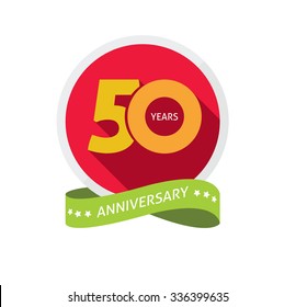 50th anniversary logo template with shadow on circle number 5 (five). 50 years icon. Fiftieth years birthday party symbol. fiftieth anniversary holiday, sticker, badge, ribbon, poster, emblem, tag