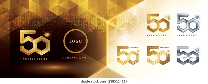 50th Anniversary logotype design, Fifty years anniversary celebration. Abstract Hexagon Infinity logo, 50 Years Logo golden for celebration event, invitation. Network Polygon Geometric, Hexagon Number