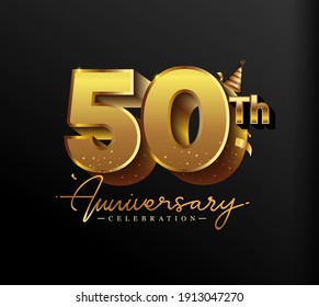 50th Anniversary Logotype with Gold Confetti Isolated on Black Background, Vector Design for Greeting Card and Invitation Card
