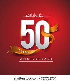 50th anniversary logotype with golden ribbon isolated on red elegance background, vector design for birthday celebration, greeting card and invitation card.