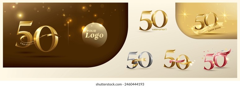 50th anniversary logotype modern gold number with shiny ribbon. alternative logo number Golden anniversary celebration