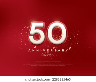 50th anniversary number. with 3d white numbers on a red background. Premium vector for poster, banner, celebration greeting.