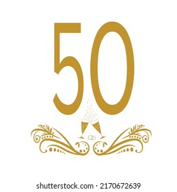 50th anniversary number with gold decor and glasses. Design for congratulations and writing text. Golden wedding anniversary celebration. Vector illustration. Banner 