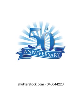 50th anniversary ribbon logo with blue rays of light