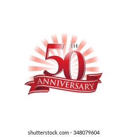 50th anniversary ribbon logo with red rays of light