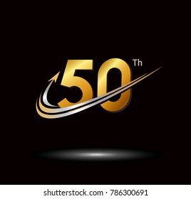 50th anniversary with swoosh and arrow icon. fast and forward golden anniversary logo on black background