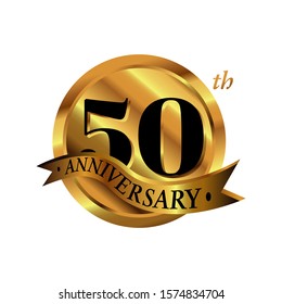 50th anniversary vector logo illustration. 50 years golden anniversary celebration logotype with number and ribbon. fivety years celebration event sign symbol on white background.