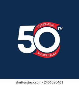 50th anniversary vector template design. 50 years anniversary logo with red color ribbon on blue background. 50 birthday anniversary emblem, banner, greeting card, poster.