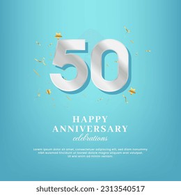 50th anniversary vector template with a golden number and confetti spread on a gradient background