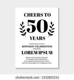 50th Birthday or Anniversary invitation card. Birthday Party invite. Cheers to 50 years. Vector template.