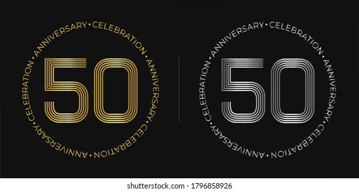 50.º cumpleaños. Banner de celebración del 50 años en colores dorados y plateados. Logo circular con números originales en líneas elegantes.