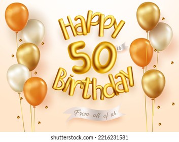 50th birthday vector concept design. Happy birthday 3d balloons with golden 50 metallic numbers for golden 50th birth day elegant celebration. Vector illustration.