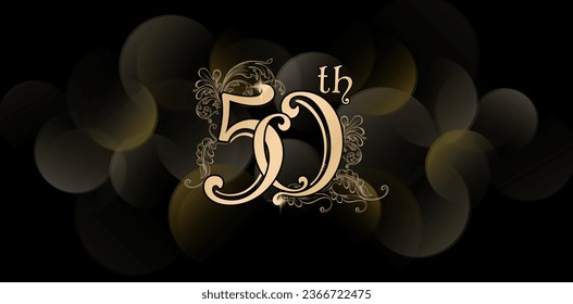 50th Floral ornamental designs lettering numbers Years Anniversary Celebration Golden Color Bokeh Background Illustration for User interface experience designs, event stationery, Branding and identity