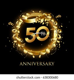 50th gold anniversary celebration With confetti, ring, and abstract elements, isolated on dark background svg