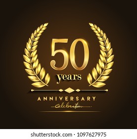 50th gold anniversary celebration logo with golden color and laurel wreath vector design.