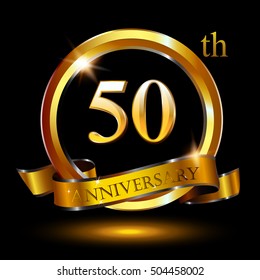 50th golden anniversary logo, 50 years anniversary celebration with ring and ribbon.